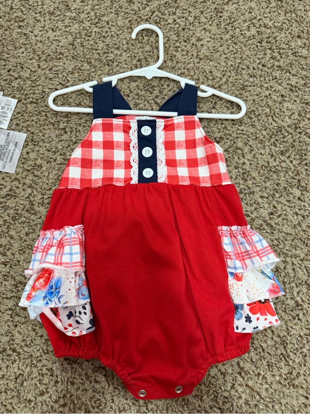 Red Plaid Bubble Romper with Navy Straps